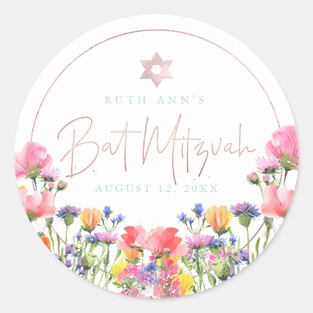 PixDezines Bat Mitzvah, Watercolor Wildflower Classic Round Sticker (Front)