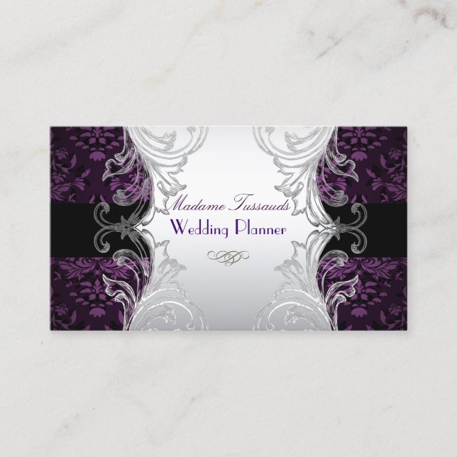 PixDezines bijoux damask faux silver/purple Business Card (Front)
