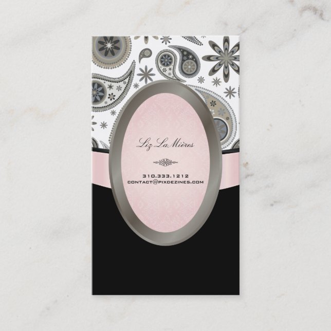 PixDezines Black, Grey, White Paisley Business Card (Front)