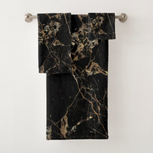 PixDezines BLACK MARBLE+FAUX GOLD VEINS Bath Towel Set