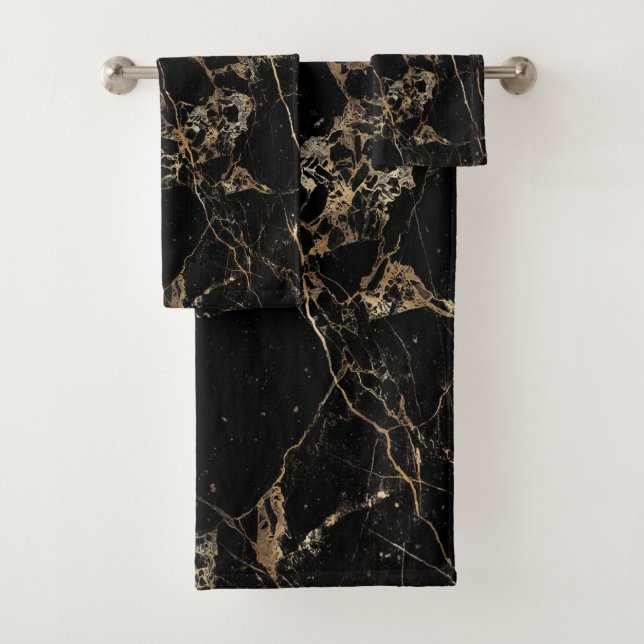 PixDezines BLACK MARBLE+FAUX GOLD VEINS Bath Towel Set (Insitu)