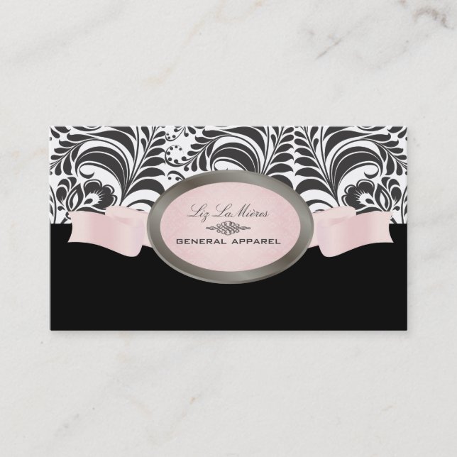 PixDezines Black, Pink, White Bellissimo Damask Business Card (Front)