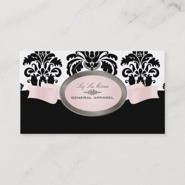 PixDezines Black, Pink, White Isabella Damask Business Card (Front)