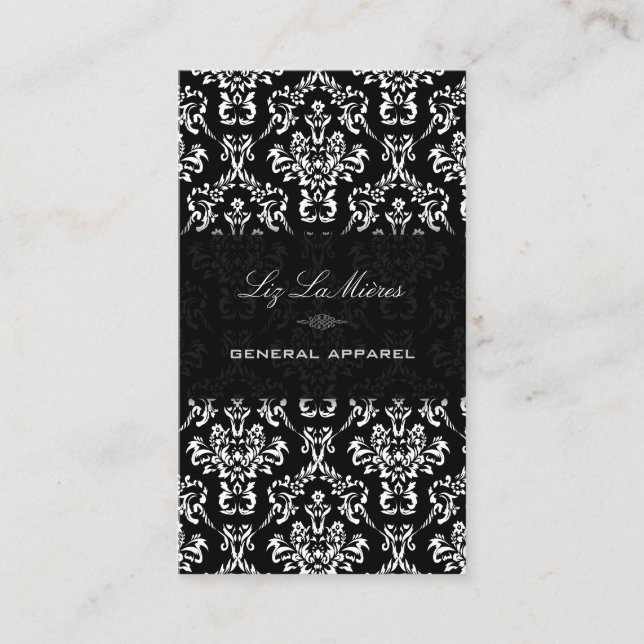 PixDezines Black+White Arianna Vintage Damask Business Card (Front)