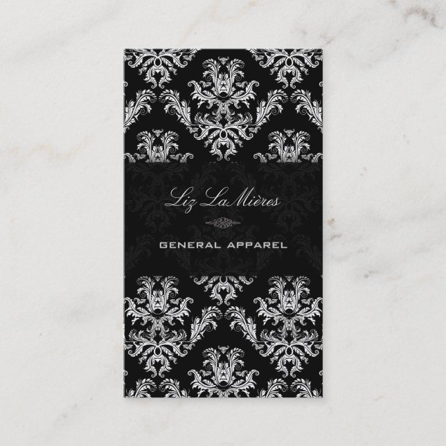 PixDezines Black+White Céleste Vintage Damask Business Card (Front)