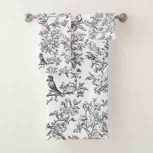 PixDezines Black White Chinoiserie, Bird Peonoies Bath Towel Set