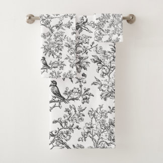 PixDezines Black White Chinoiserie, Bird Peonoies Bath Towel Set
