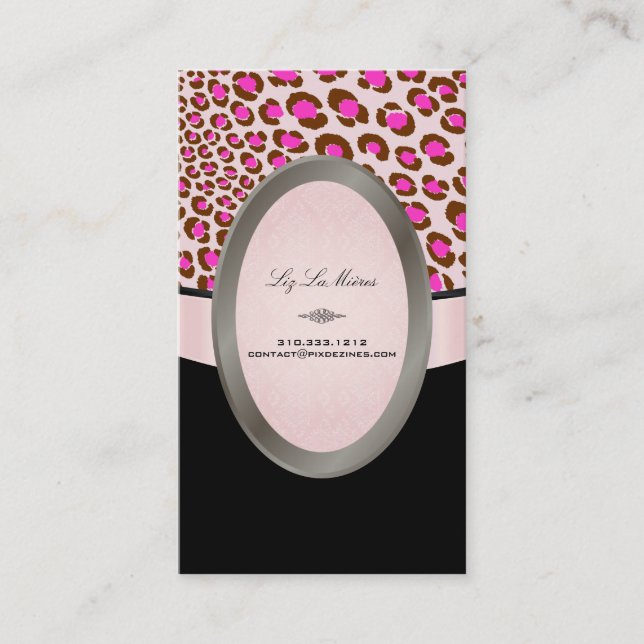 PixDezines Black, White, Pink Leopard spots Business Card (Front)