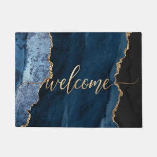 PixDezines BLUE AGATE FAUX GOLD VEINS, WELCOME Doormat