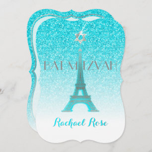 PixDezines Blue Faux Glitter Eiffel Tower/Mitzvah Invitation