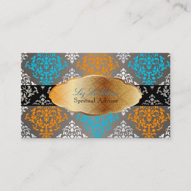 PixDezines blue+orange Josephine Damask/DIY colour Business Card (Front)