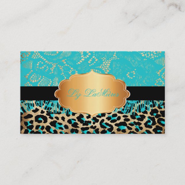 PixDezines blue vintage lace+cheetah Business Card (Front)