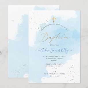 PixDezines Blue Watercolor Confetti Baptism Invitation