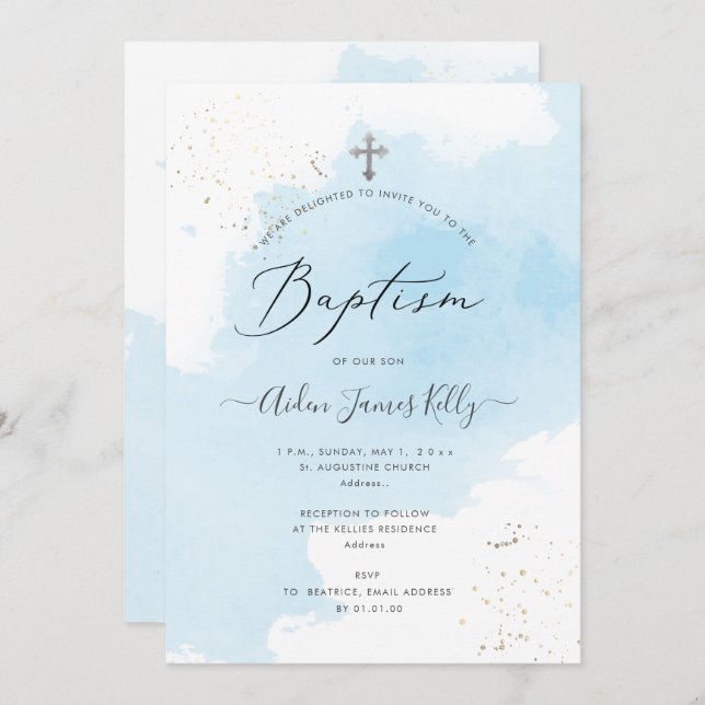 PixDezines Blue Watercolor Silver Dust Baptism Invitation (Front/Back)