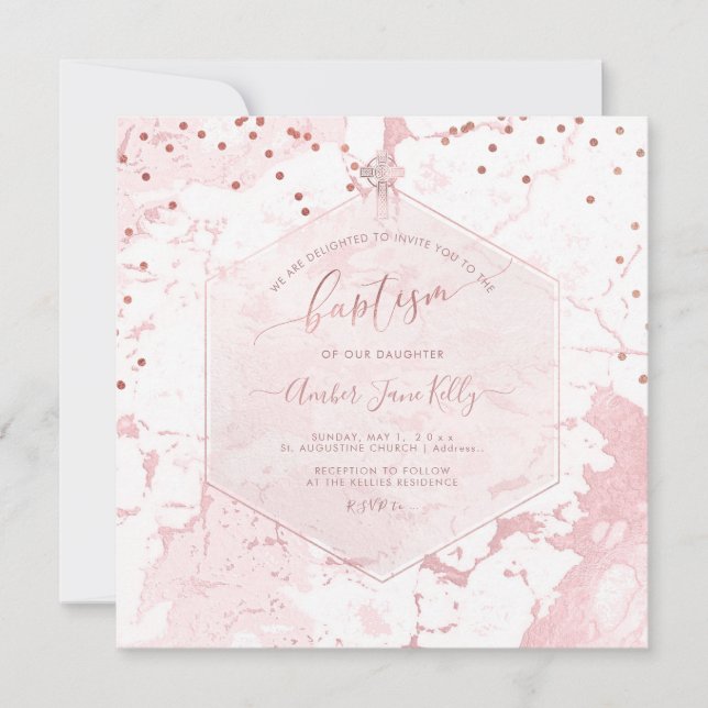 PixDezines Blush Honeycomb Marble Baptism Invitation (Front)