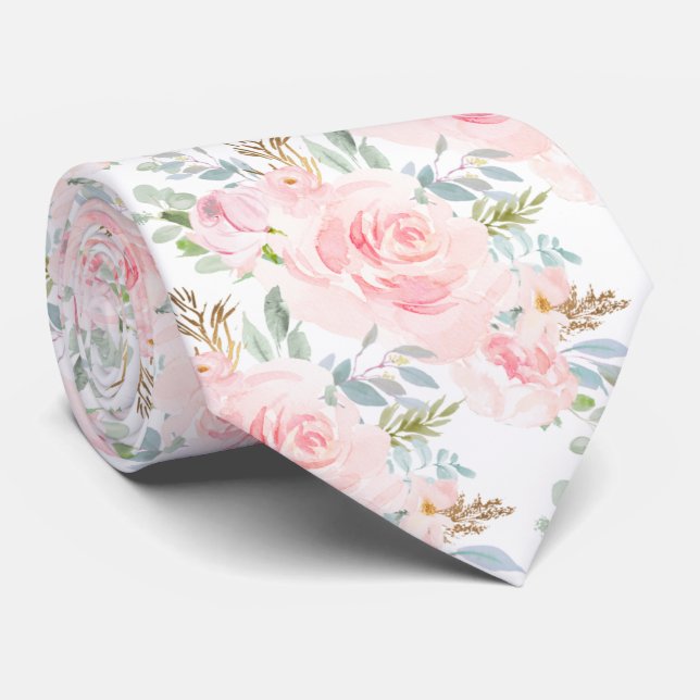 PixDezines Blush Pink Dusty Blue Watercolor Roses Tie (Rolled)
