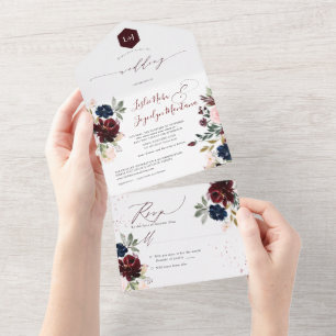 PixDezines Blush Pink Navy Burgundy H2 Flowers All In One Invitation