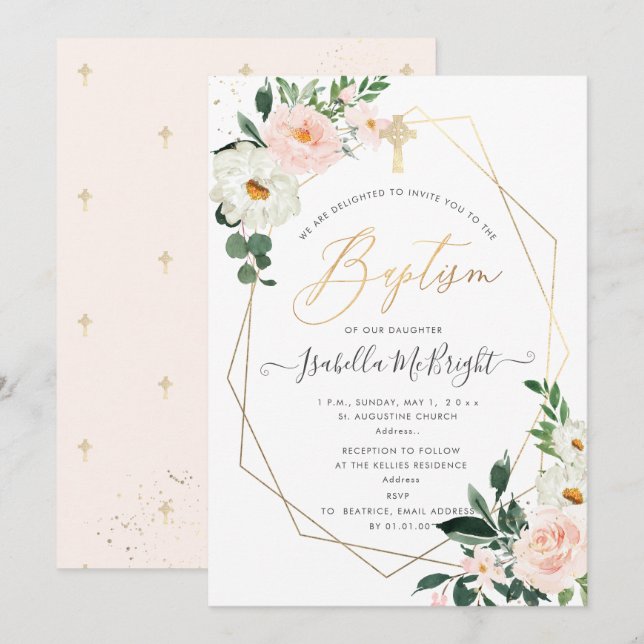 PixDezines Blush Pink Watercolor Flowers Baptism Invitation (Front/Back)