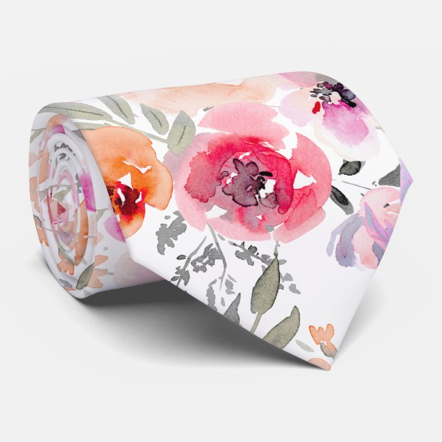 PixDezines Blush Red Watercolor Summer Florals Tie (Rolled)