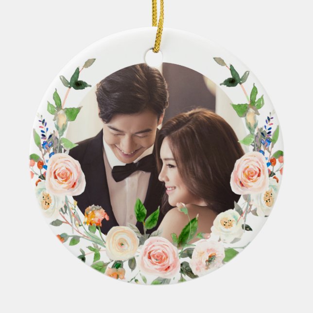 PixDezines Blush Roses Wreath, First Christmas Ceramic Ornament (Front)