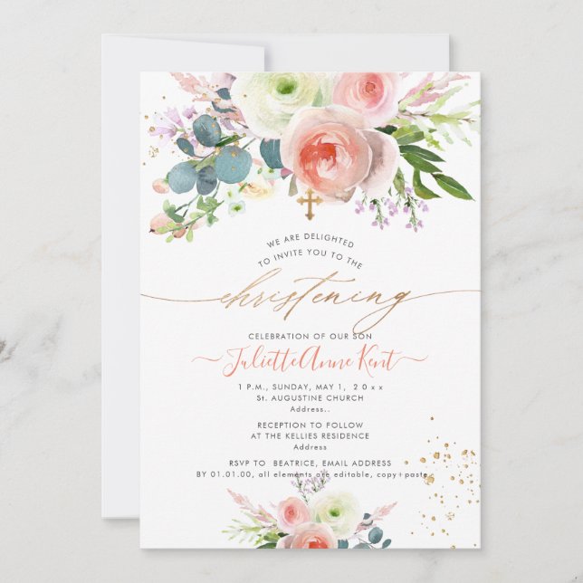 PixDezines Blush Watercolor Peonies Christening Invitation (Front)