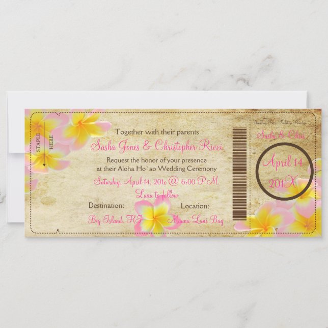 PixDezines Boarding Pass Pink Plumerias Invitation (Front)