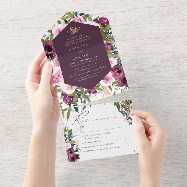 PixDezines Boho Burgundy Pink Peonies All In One Invitation (Tearaway)