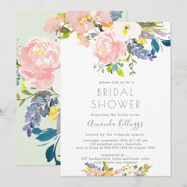 PixDezines Bridal Shower Pastel Watercolor Flowers Invitation (Front/Back)