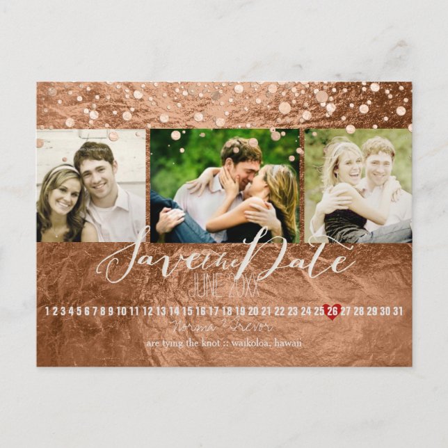PixDezines bronze/faux foil/photos save the date Announcement Postcard (Front)