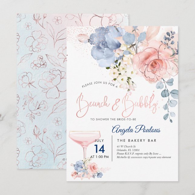 PixDezines Brunch Bubbly Blush+Blue H2 flowers  Invitation (Front/Back)
