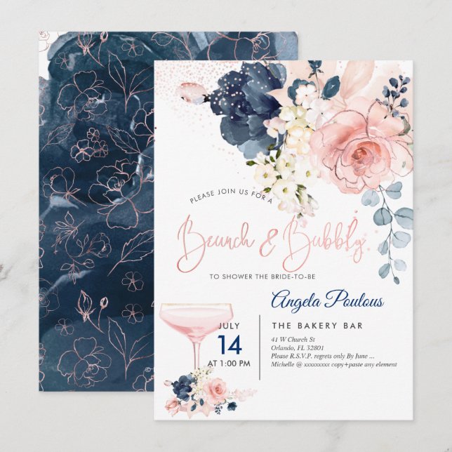 PixDezines Brunch Bubbly Navy Blush H2 flowers Invitation (Front/Back)