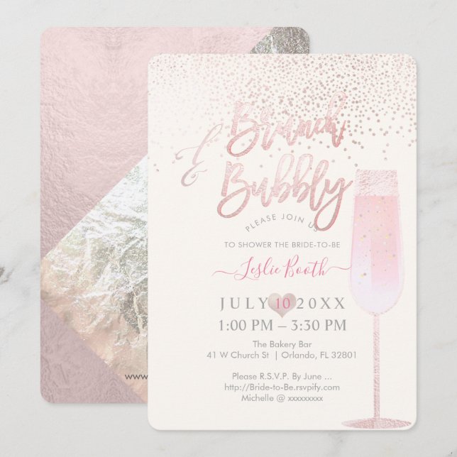 PixDezines Brunch Bubbly/Pink Champagne Confetti Invitation (Front/Back)