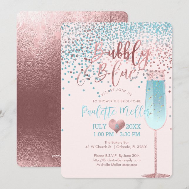 PixDezines Brunch N Bubbly/Rose Gold/Blue Confetti Invitation (Front/Back)