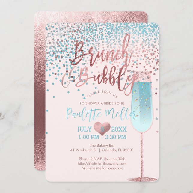 PixDezines Brunch N Bubbly/Rose Gold/Blue Confetti Invitation (Front/Back)