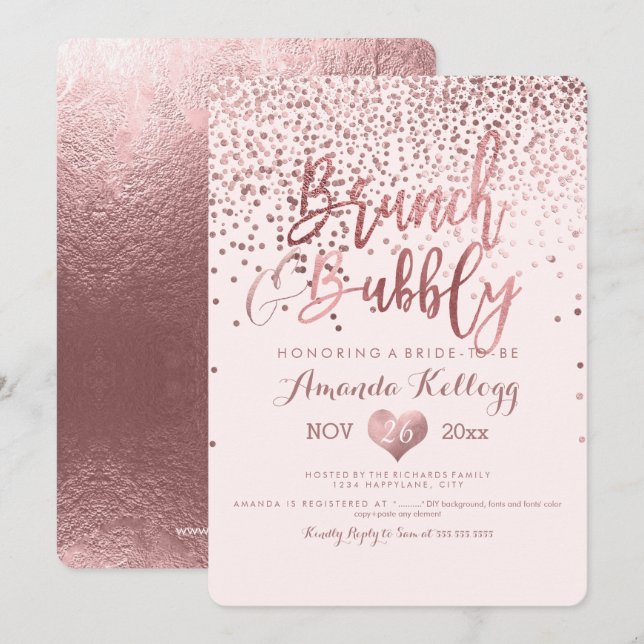 PixDezines Brunch N Bubbly/Rose Gold Confetti Invitation (Front/Back)
