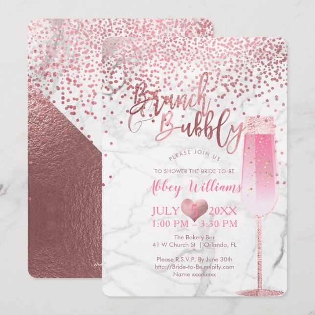 PixDezines Brunch N Bubbly/Rose Gold/Confetti Invitation (Front/Back)