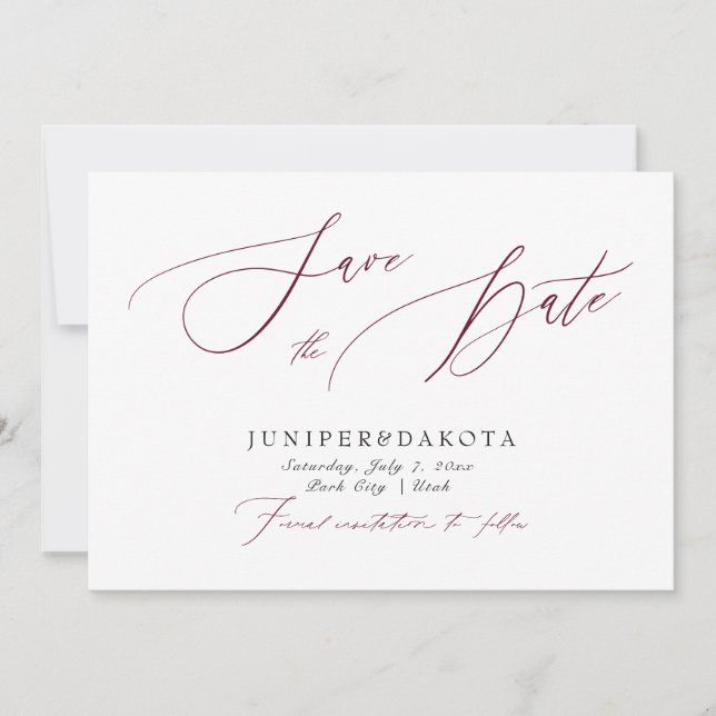PixDezines Burgundy Elegant Script Save the Date Invitation (Front)