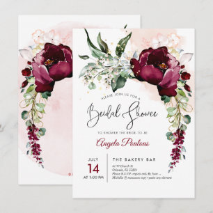 PixDezines Burgundy H2 Flowers Bridal Shower Invitation