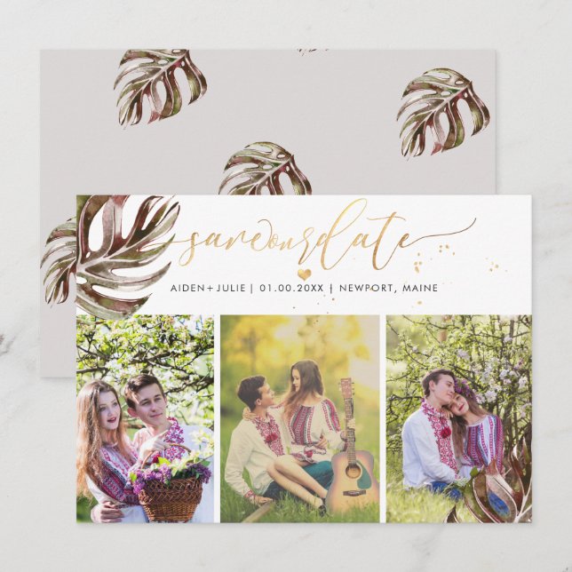 PixDezines Burgundy Monstera Faux Gold Save The Date (Front/Back)