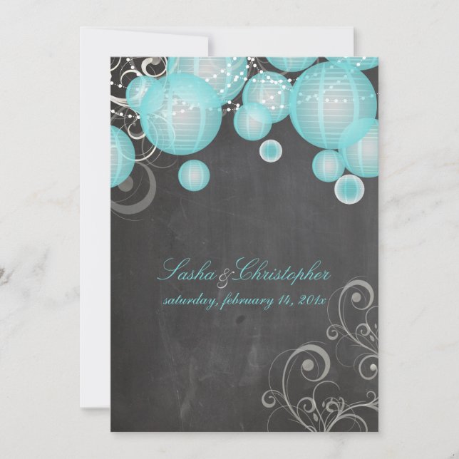 PixDezines chalkdboard+blue lanterns/ Invitation (Front)