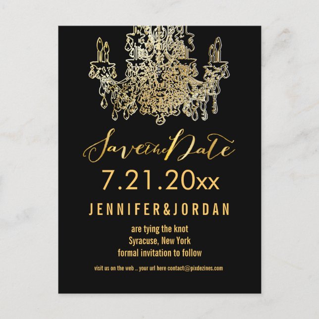 PixDezines chandeliers/gold trim/save the date Announcement Postcard (Front)