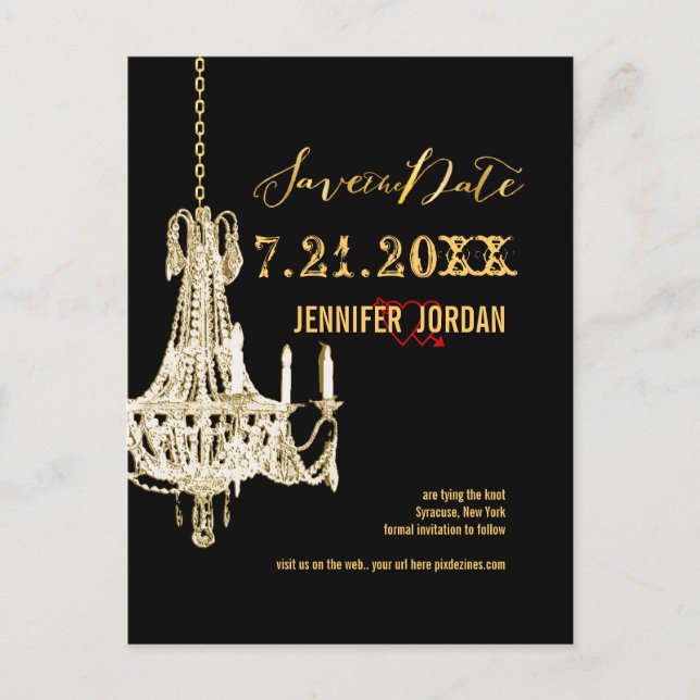 PixDezines chandeliers/gold trim/save the date Announcement Postcard (Front)
