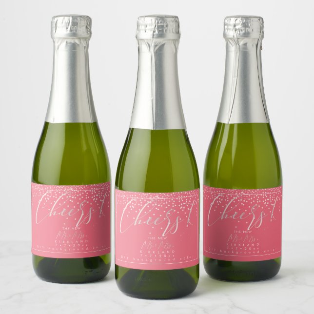 PixDezines Cheers Blush Pink Confetti+Coral Sparkling Wine Label (Bottles)