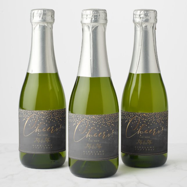 PixDezines Cheers Chalkboard+Faux Gold Confetti Sparkling Wine Label (Bottles)