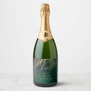 PixDezines Cheers Faux Gold Palms+Emerald Sparkling Wine Label