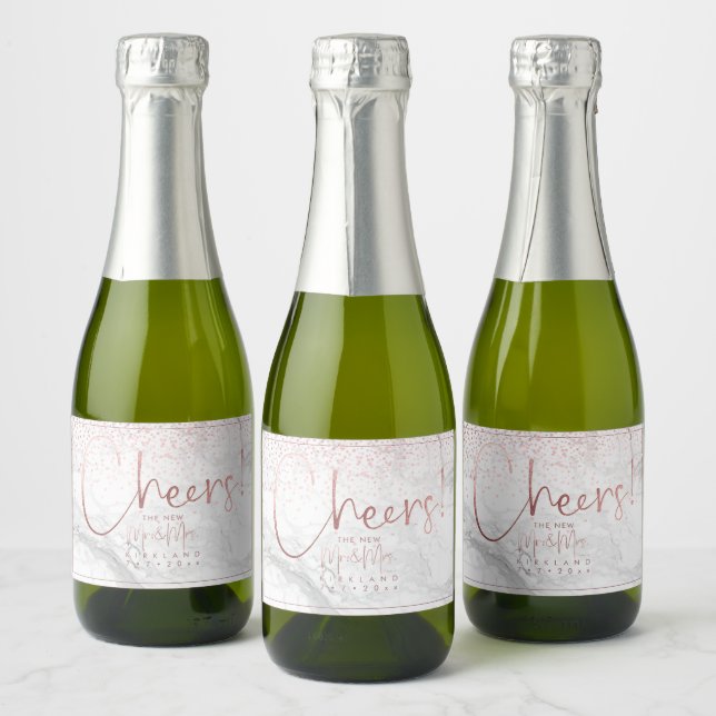 PixDezines Cheers Faux Rose Gold Marble Confetti Sparkling Wine Label (Bottles)