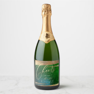 PixDezines Cheers Gold Brush Strokes Emerald Teal Sparkling Wine Label