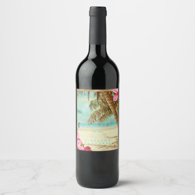PixDezines Cheers vintage beach, tropical palms Wine Label (Front)