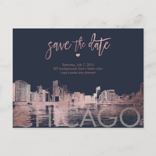PixDezines/Chicago Save the Date/Faux Rose Gold Announcement Postcard (Front)
