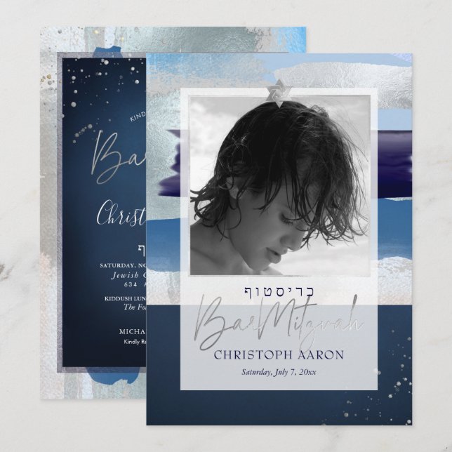 PixDezines Colour Block Blues+Silver Bar Mitzvah Invitation (Front/Back)